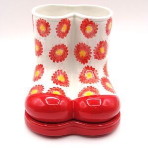 Vintage Dept 56 Ceramic Rain Boot Planter Vase Red Floral Daisy Wellies Pot Tray